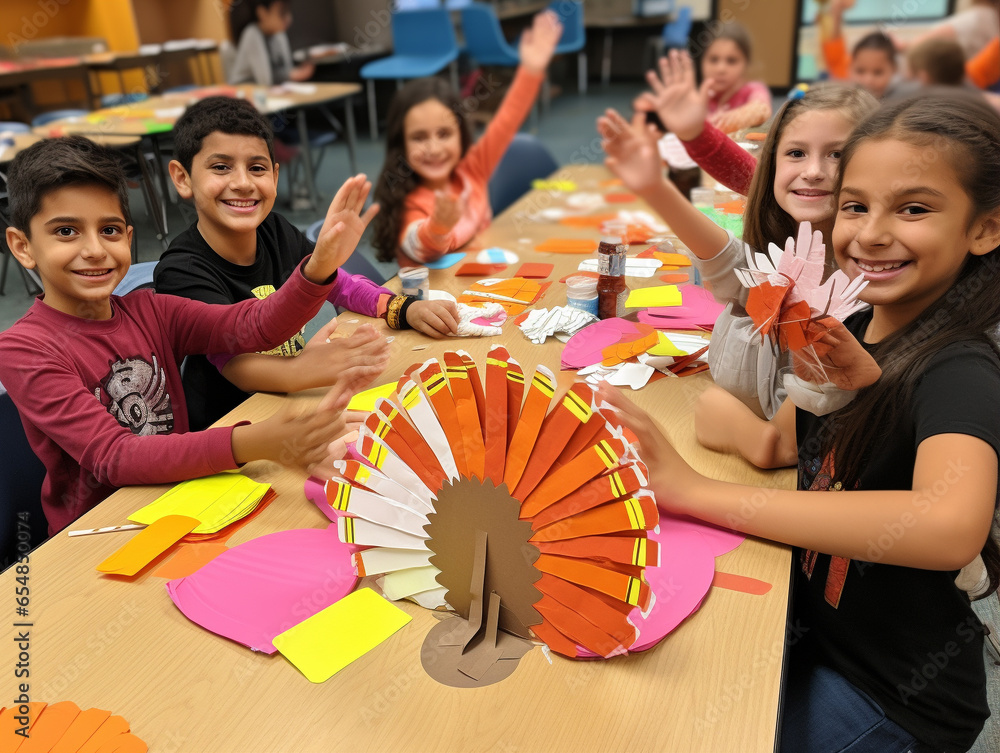 Wall mural a photo of friends making handprint turkeys as a fun craft