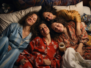 A Photo of Friends in Pajamas, Having a Sleepover After a Long Evening