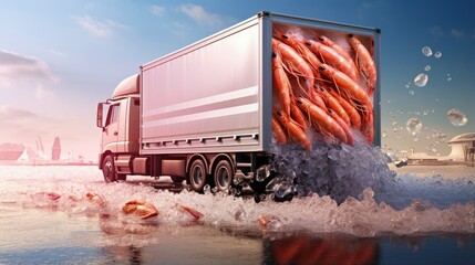 Fresh shrimp being transported by a refrigerated truck - obrazy, fototapety, plakaty
