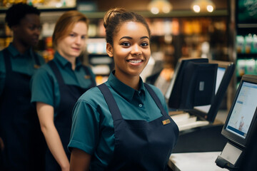 2 female staff members wearing green uniform and apron at upmarket supermarket store - obrazy, fototapety, plakaty