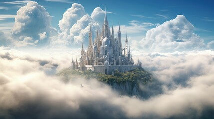 Clouds shelter castle in heavenly paradise - obrazy, fototapety, plakaty