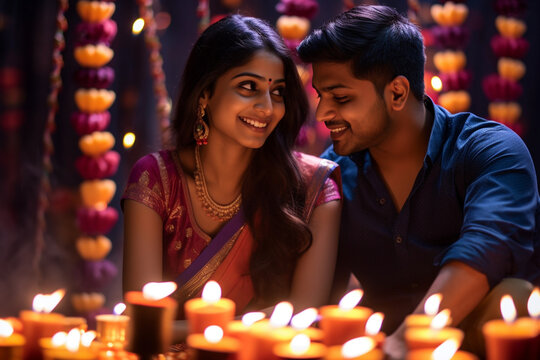 A picture of a young indian couple sitting close together on diwali, diwali celebration image