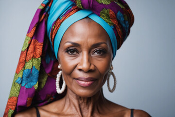 Closeup portrait of a beautiful mature African woman wearing a colouful patterned headscraf, looking stylish and sensual, modern yet tradional. An attractive black middle-age woman, poise and elegant.