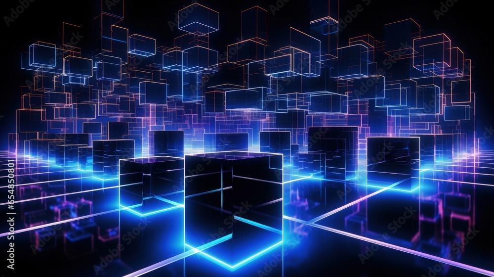 Poster Cyber city in virtual reality with neon abstract cubic shapes illuminated in laser show isolated on black in a 3D render