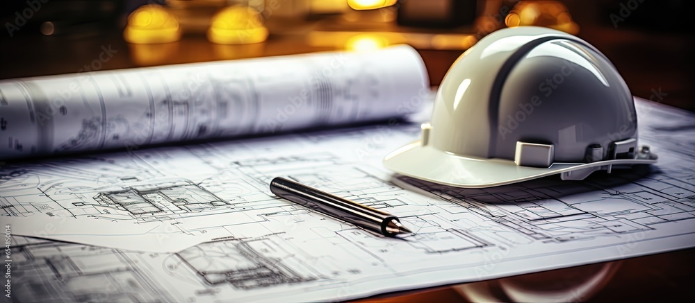 Poster top view of project drawings with a white helmet with copyspace for text