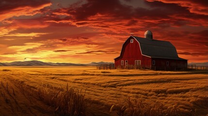 Washington field s sunset features a red barn - obrazy, fototapety, plakaty