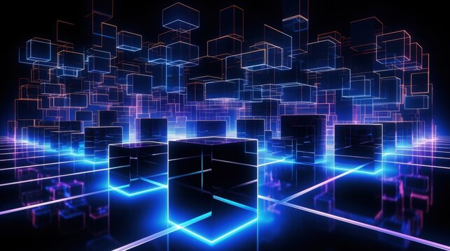 Cyber city in virtual reality with neon abstract cubic shapes illuminated in laser show isolated on black in a 3D render