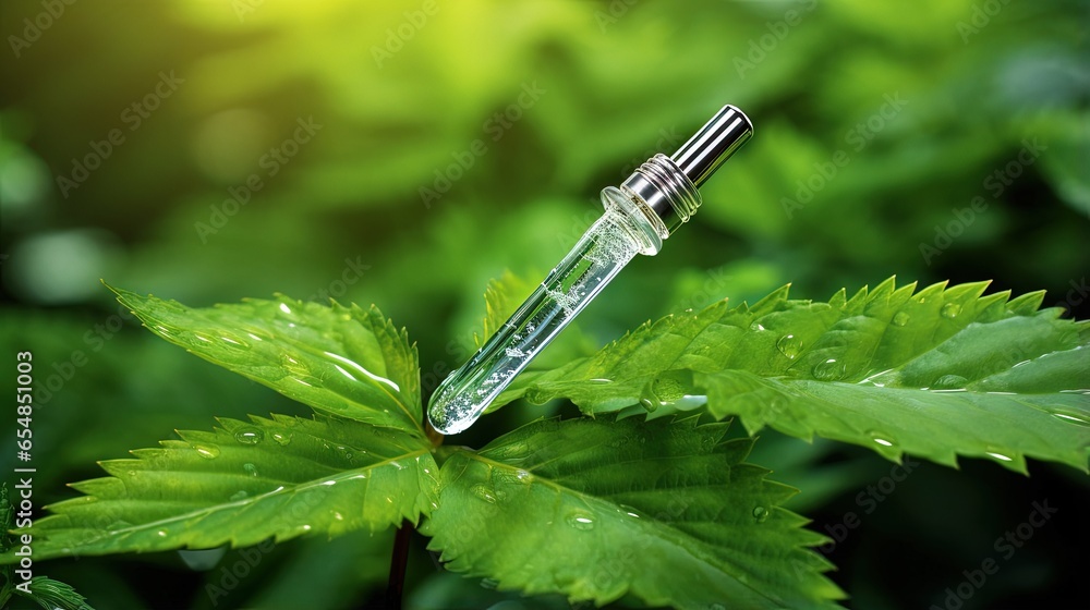 Poster using a pipette extract serum or oil onto green leaves with water drops in the backdrop emphasizing 