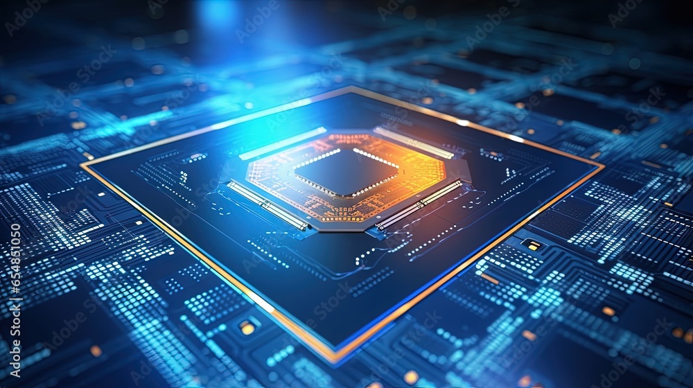 Poster Concept of a futuristic quantum computer processor with artificial intelligence and robotics