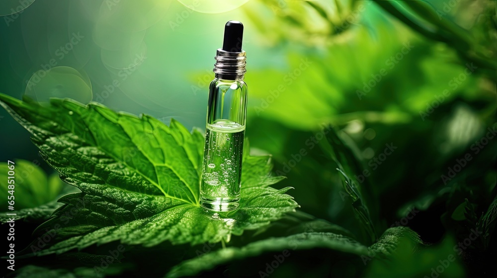 Poster using a pipette extract serum or oil onto green leaves with water drops in the backdrop emphasizing 