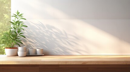 Empty space on oak wood kitchen counter top with sunlight and foliage shadow on ceramic wall tiles