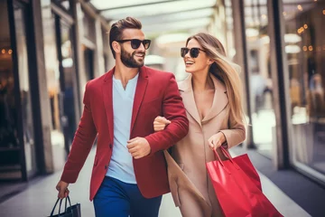 Fotobehang Young elegant happy rich couple coming out of shopping mall carrying shopping bags towards rich city © Salsabila Ariadina