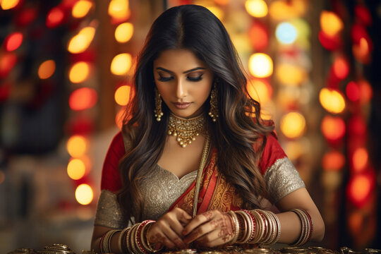 A picture of a pretty indian woman in traditional clothes looking at her new bracelets, diwali celebration photo