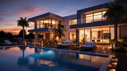 Luxurious home with pool at sunset