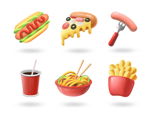3D fast food. Burger or fried potato. Sausage on fork. Cola in glass. Takeaway junk snack. Pizza for restaurant menu. Bread with meat. Noodle bowl with chopsticks. Vector render objects set