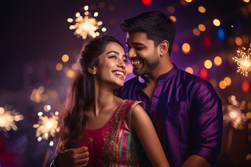 A picture of a young couple looking happy and celebrating the indian festival of diwa, diwali celebration image - obrazy, fototapety, plakaty