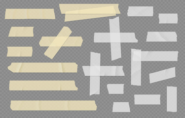 Sticky tape. Paper scotch strip. White adhesive bandage. Stick band. Yellow label torn. Twisted plaster. Isolated ripped sticker with wrinkles. Note fix. Vector isolated patches set