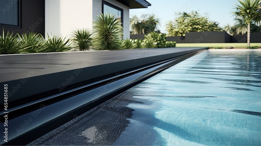 Poster Modern black gutter placed next to swimming pool for drainage overflow and pool edge