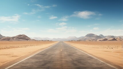 Empty road in the desert depicting textures of asphalt sand street mountain hills landscape and dusty skyline on a sunny summer day