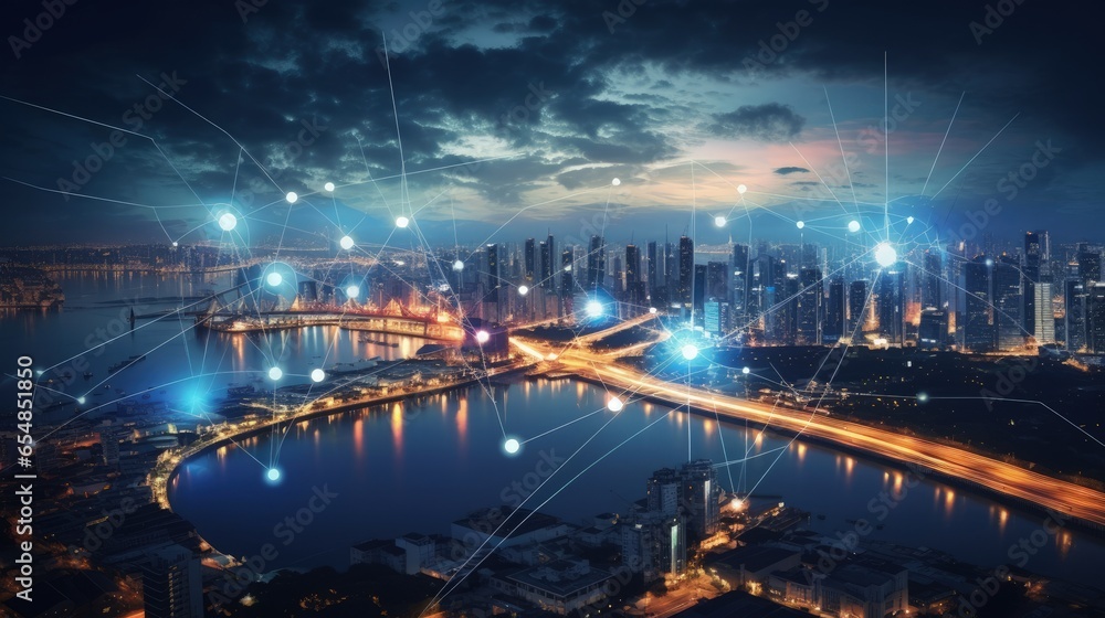 Poster the modern internet network connects in smart city combining 5g wireless and internet of things