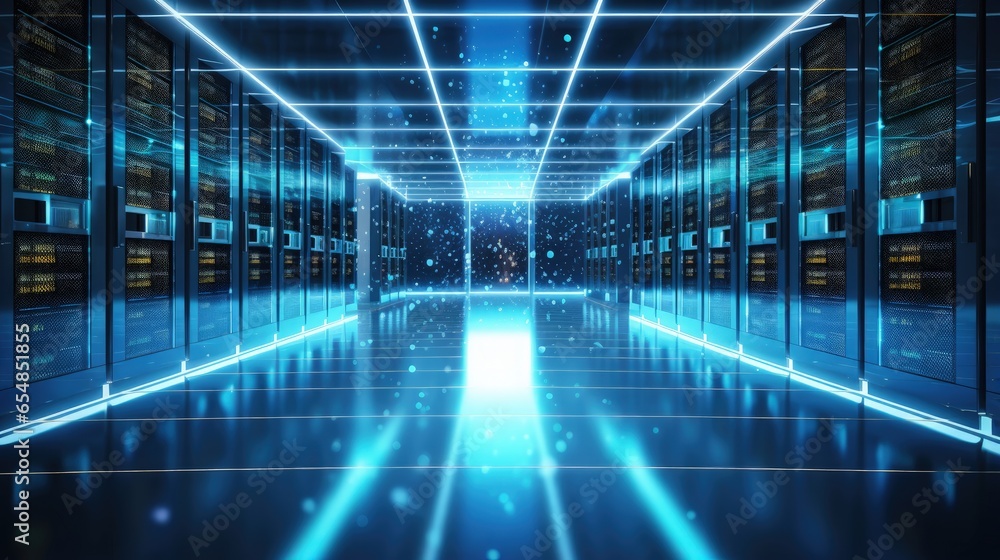 Poster 3d illustration of a data center with working panels and servers for big data solutions and internet