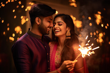 A photo of a happy indian couple in traditional clothes celebrating diwali by holding sparklers and firecrackers, diwali celebration image