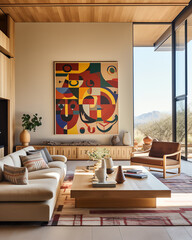 A cozy living room with stylish furniture and an eye-catching painting on the wall