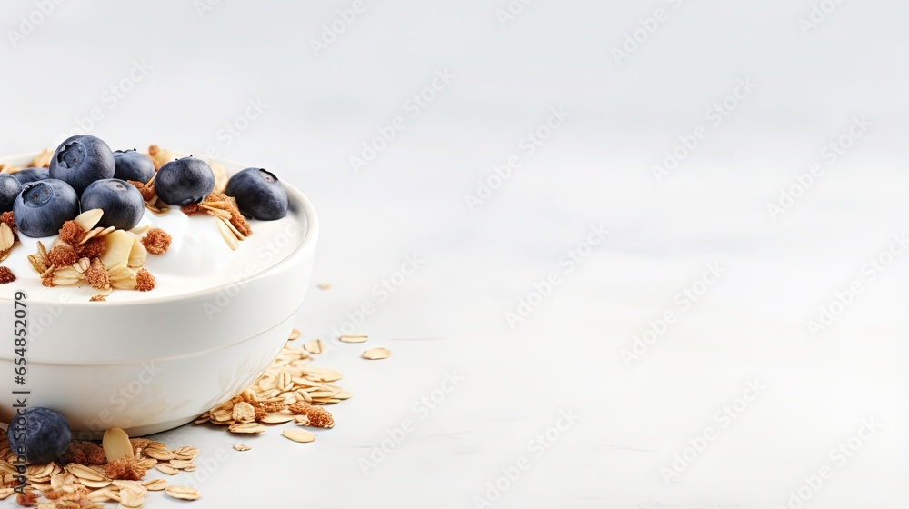Aufkleber healthy food concept breakfast yogurt bowl with granola blueberries and maple syrup on gray backgrou