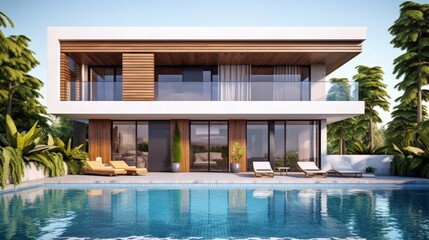 Modern cozy house for sale or rent with parking pool and wood plank facade in 3D rendering Isolated on a white background