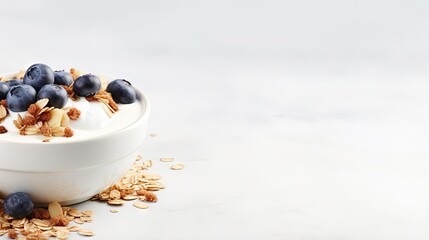 Healthy food concept Breakfast yogurt bowl with granola blueberries and maple syrup on gray background from above with empty space - obrazy, fototapety, plakaty