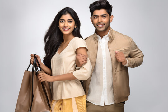 A picture of a young indian couple carrying shopping bags with a white background, diwali celebration image