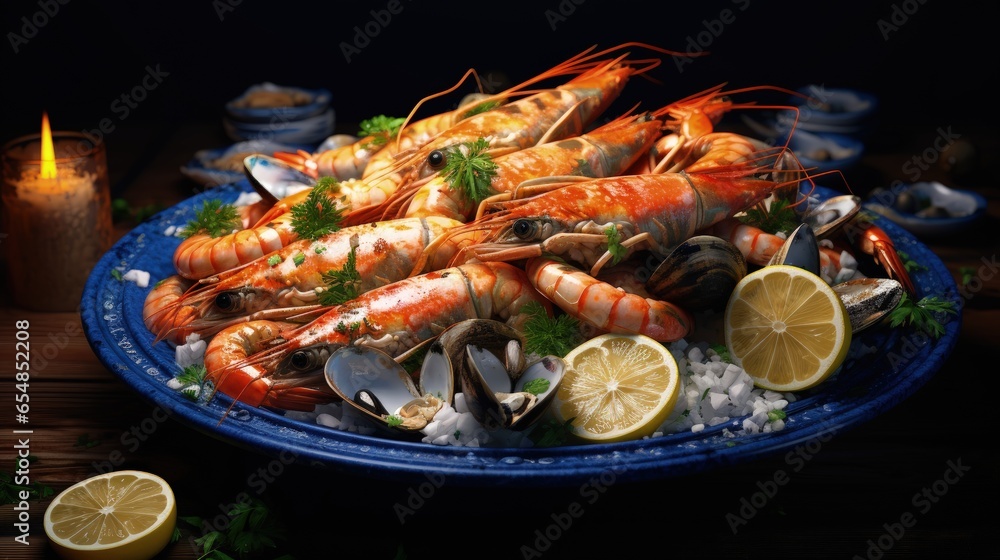 Aufkleber assorted seafood with blue crabs mussels large shrimps calamari squids and grilled barracuda fish se
