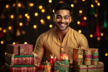 A photo of a happy indian man with diwali gifts wearing a traditional kurta during a shopping festival, diwali celebration photo - obrazy, fototapety, plakaty