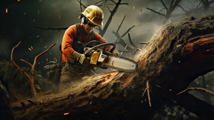 Person on tree branch using chainsaw to cut down tree