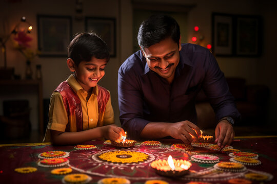 A photo of an indian man and his son making a rangoli with candles, diwali celebration photo