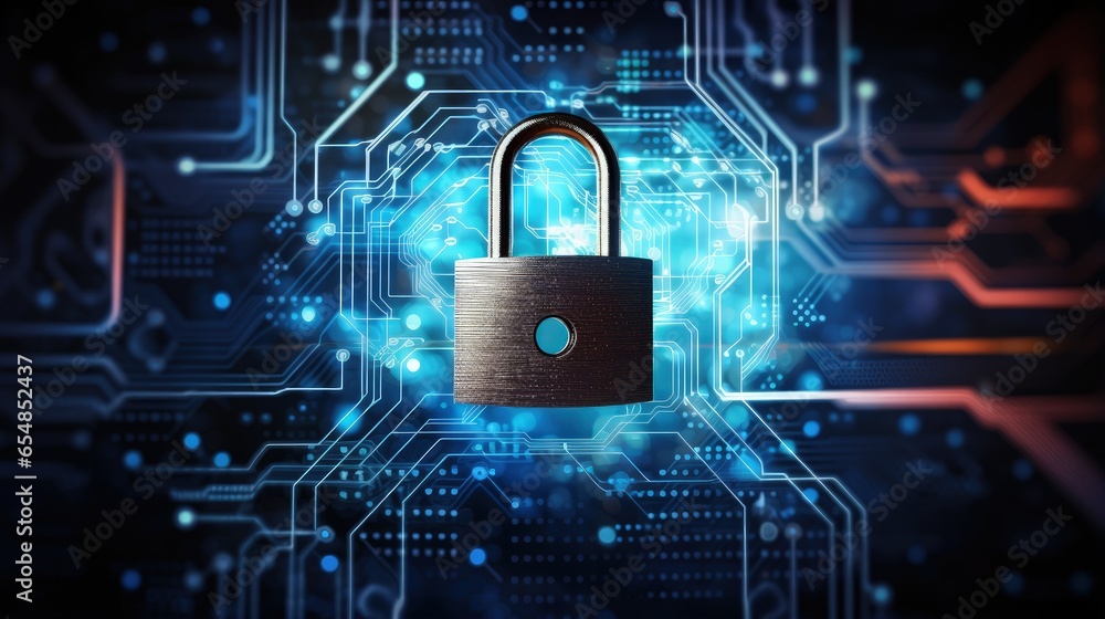 Poster Data security concept with padlocked computer protection using microchip key