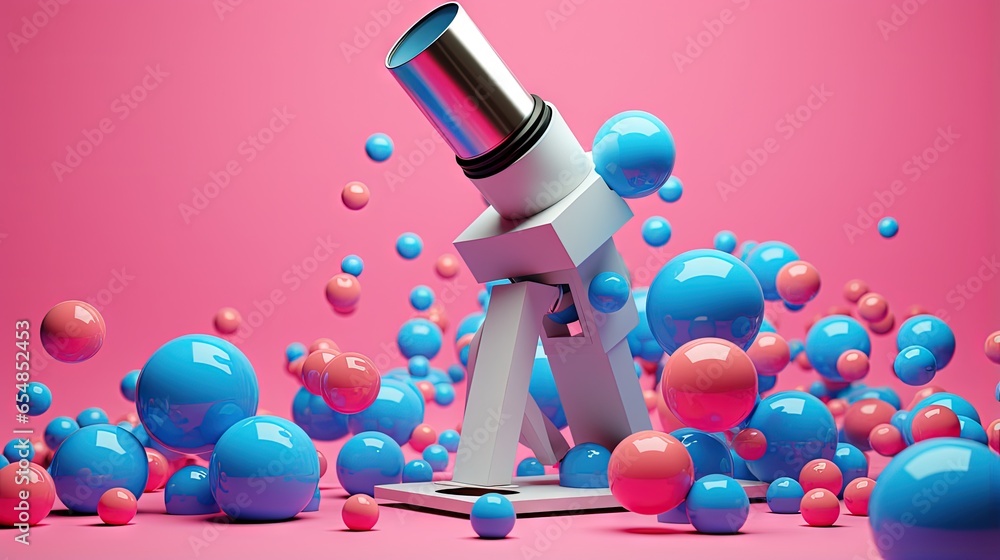 Poster blue microscope colorful balls pink backdrop 3d render