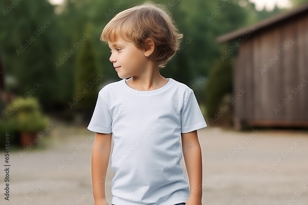 Wall mural child wearing plain t-shirt for mockup template