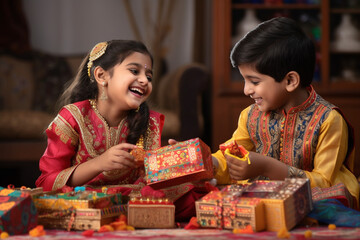 A photo of brother and sister in traditional indian clothes celebrating bhai dooj and playing with a gift box, diwali celebration image