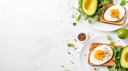 Healthy breakfast with avocado egg sandwiches coffee and whole grain toasts topped with mashed avocado fried eggs and organic microgreens served on a white table