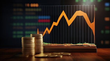 Illustration of Indian rupee icon with graphs representing business growth and stock market data in a 3D rendering - obrazy, fototapety, plakaty