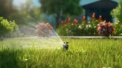 Using automatic sprinkler systems for lawn irrigation is included in garden services and landscape design - obrazy, fototapety, plakaty