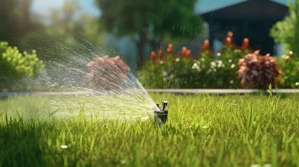Papier Peint photo Jardin Using automatic sprinkler systems for lawn irrigation is included in garden services and landscape design