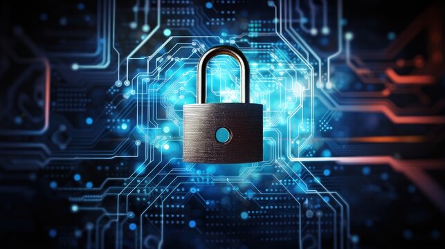 Data security concept with padlocked computer protection using microchip key