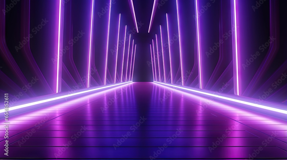 Poster Neon lamps create a colorful backdrop with diagonal lines on an empty purple stage