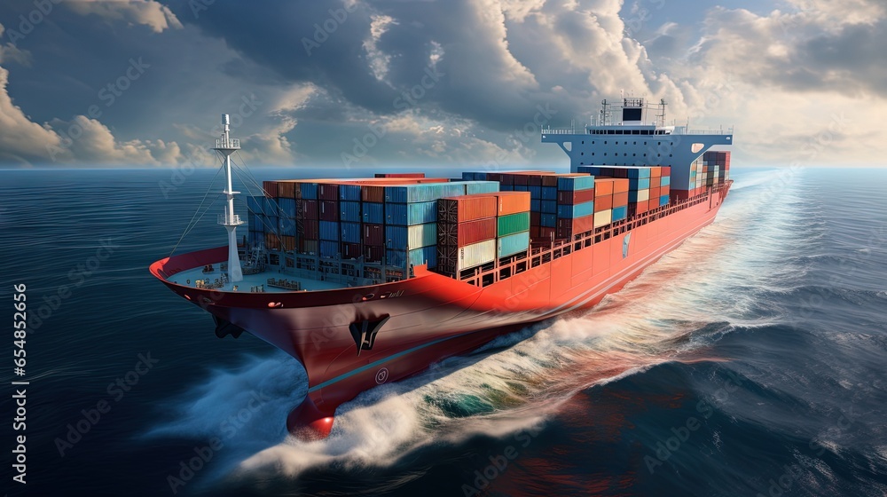 Poster container cargo ship sailing quickly over cloudy ocean in front view