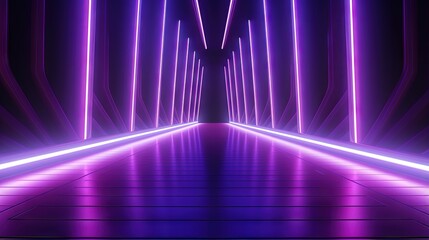Neon lamps create a colorful backdrop with diagonal lines on an empty purple stage - obrazy, fototapety, plakaty