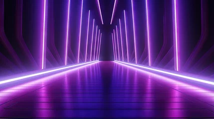 Deurstickers Neon lamps create a colorful backdrop with diagonal lines on an empty purple stage © vxnaghiyev