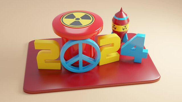 Loop 3d animation. A set of children's plastic toys. A nuclear missile, a start button and a pacifist sign blocking pressing. The date of the new year 2024, the idea of a safe peaceful future