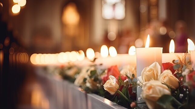 Wedding day specifics Church decor with plants candles and film like texture
